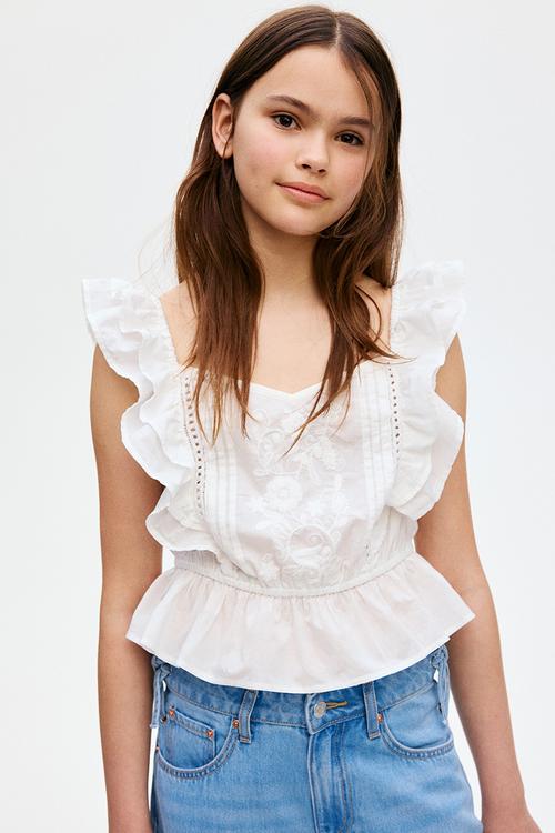 Flutter-sleeved cotton top - white