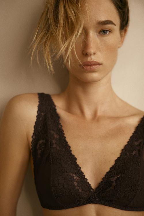 Padded soft lace bra - dark brown
