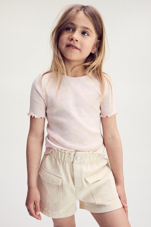 Ribbed cotton top -  light pink/bows