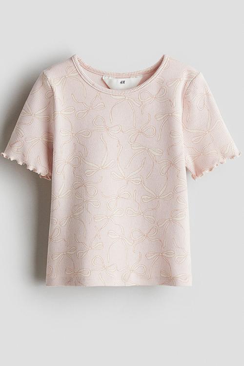 Ribbed cotton top -  light pink/bows