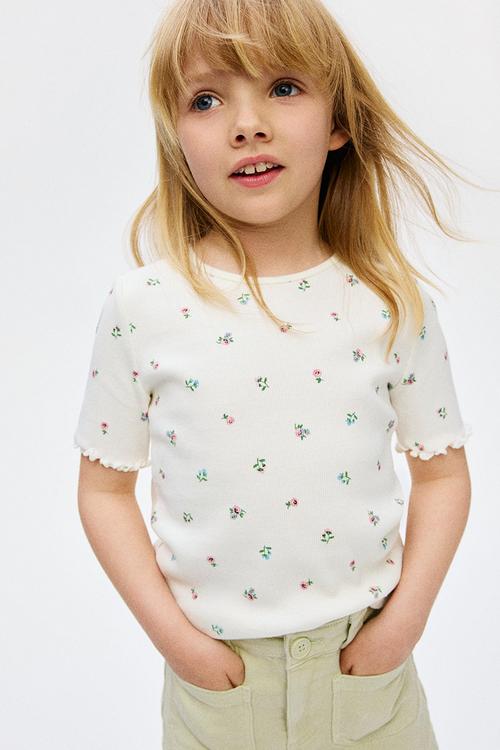 Ribbed cotton top -white/floral 