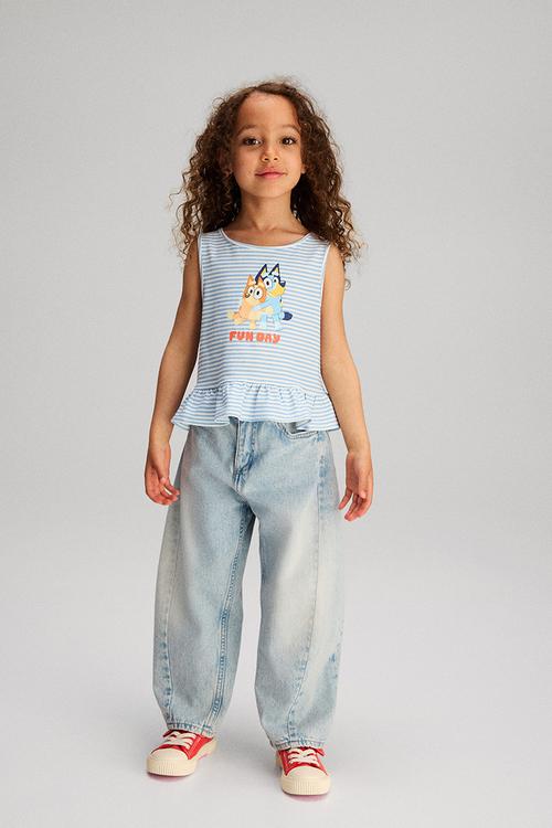 Print-motif peplum top -light blue/bluey