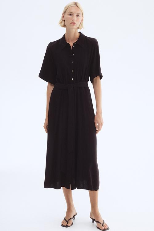 Tie-belt shirt dress - black