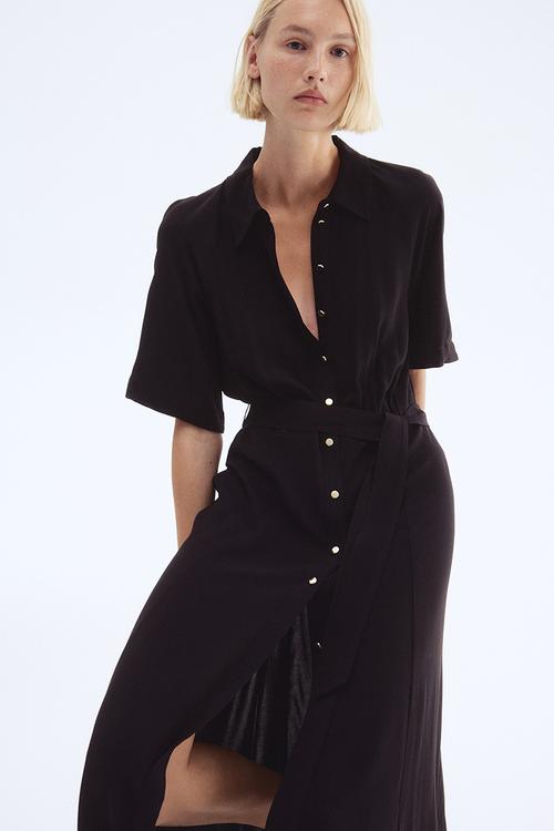 Tie-belt shirt dress - black