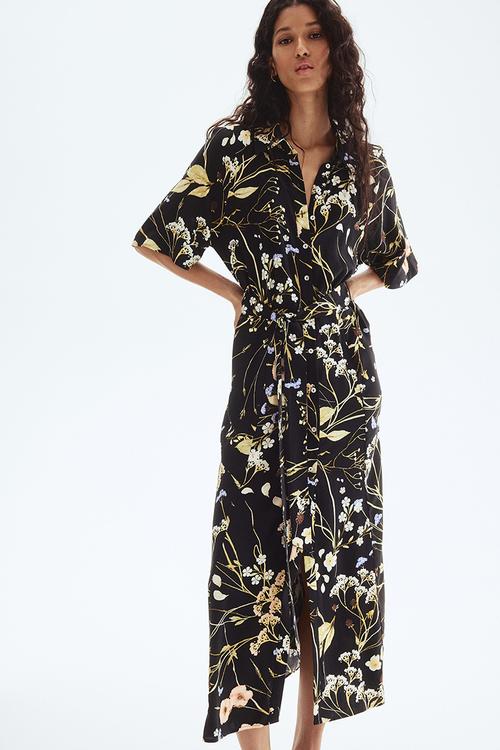 Tie-belt shirt dress -  black/floral