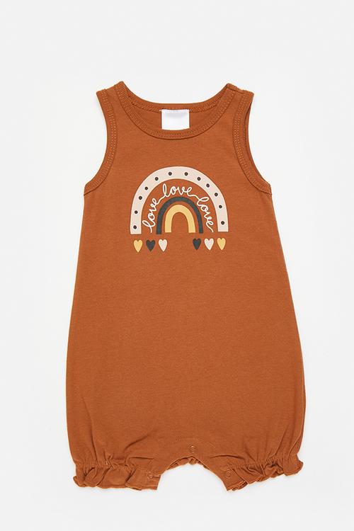Rainbow graphic and slogan romper - burnt sienna/love