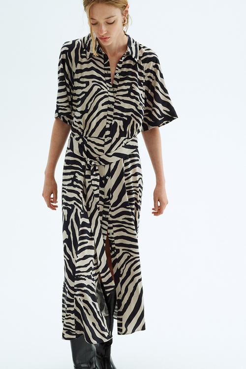 Tie-belt shirt dress - cream/zebra print