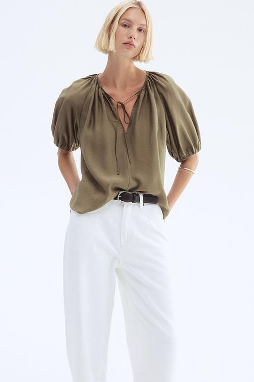 Balloon-sleeved blouse - dark khaki green