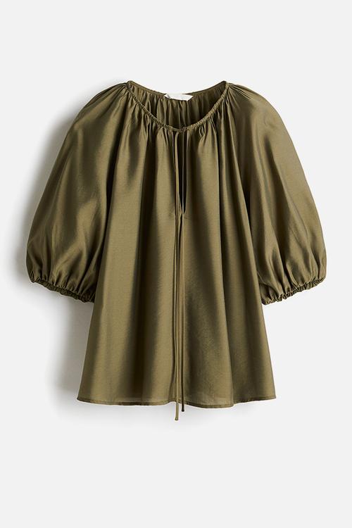 Balloon-sleeved blouse - dark khaki green