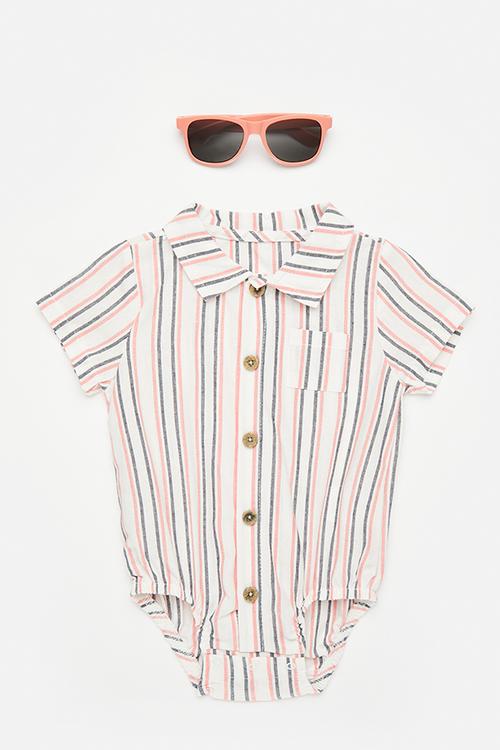 Shirt-style bodysuit with sunnies - white/multi stripe