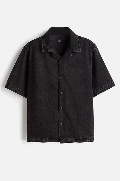 Regular fit denim resort shirt - black