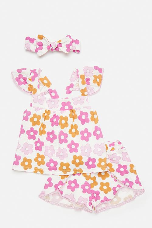 Apron dress & short set with bow headband - white/floral