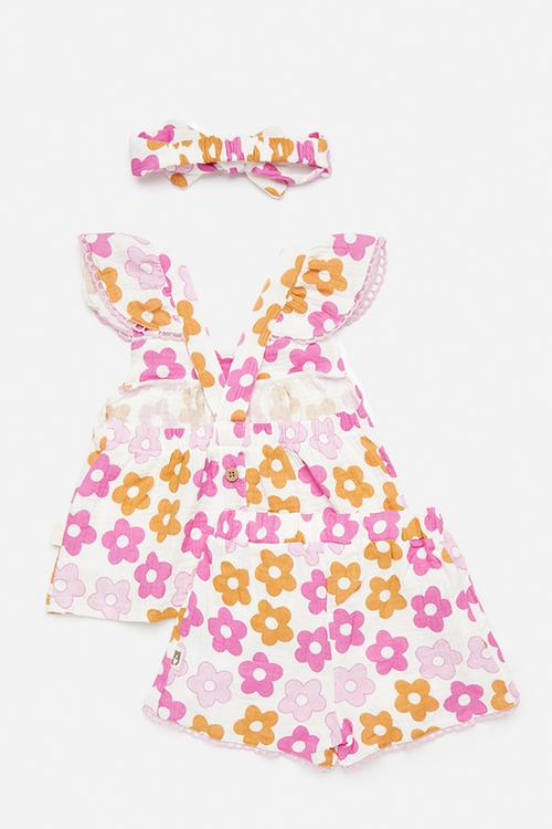 Apron dress & short set with bow headband - white/floral