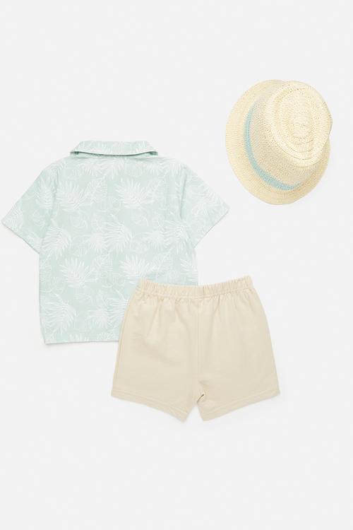 Shirt & short set with panama hat - light blue/beige