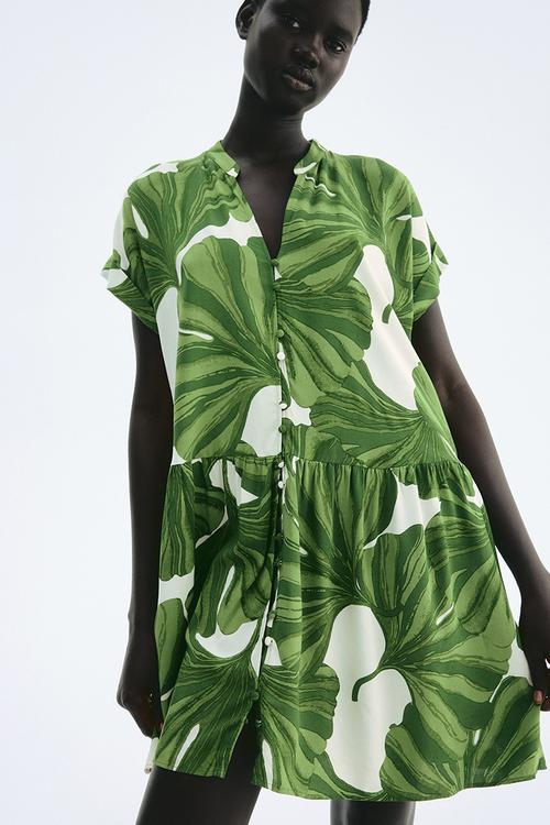 Crinkled tunic dress -  white/green leaves 