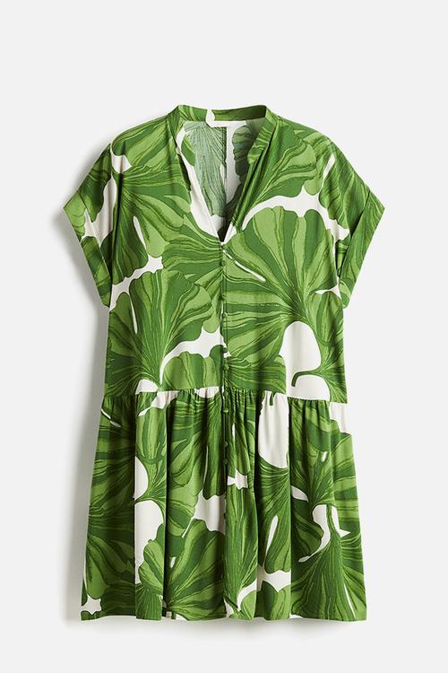 Crinkled tunic dress -  white/green leaves 