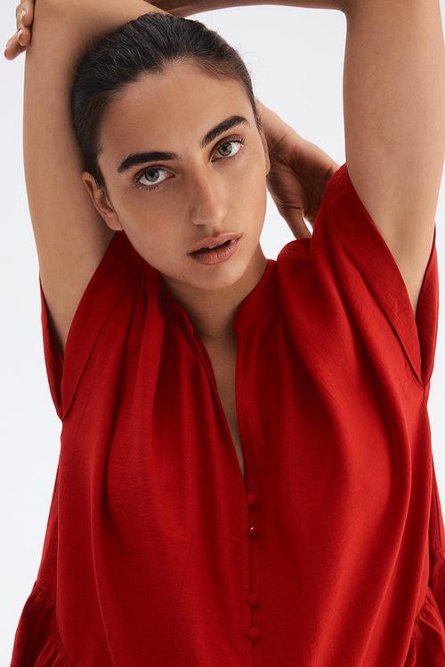 Crinkled tunic dress -  bright red 