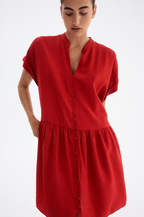 Crinkled tunic dress -  bright red 