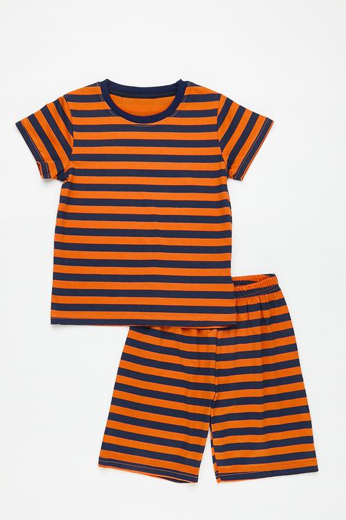 Striped tee with matching shorts - navy/orange