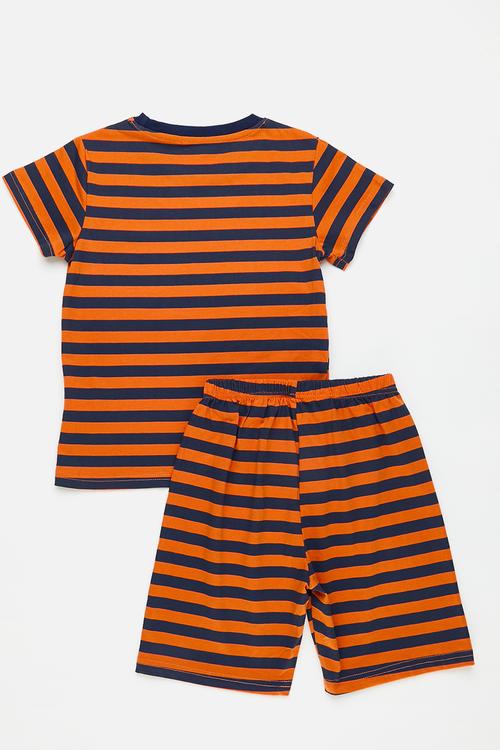 Striped tee with matching shorts - navy/orange