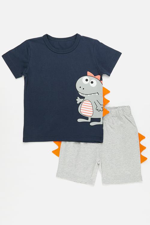 Printed tee & shorts set - navy/grey/dino