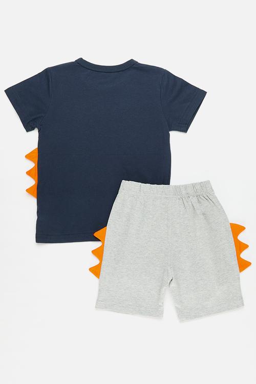 Printed tee & shorts set - navy/grey/dino