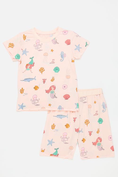 Sea life theme printed tee and shorts - pink