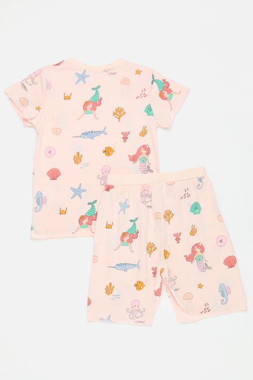 Sea life theme printed tee and shorts - pink