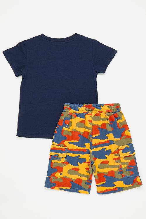 Slogan and graphic tee with printed shorts - navy/let's roll/camo
