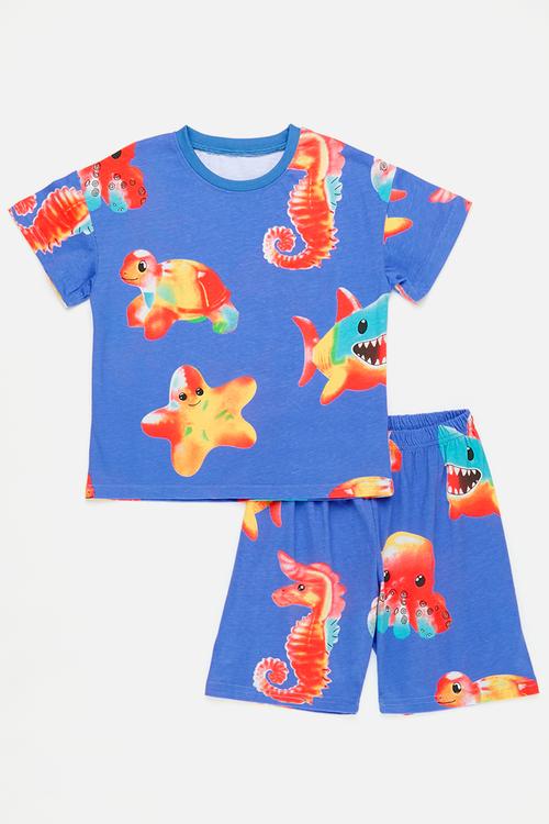 Sea creature all-over print top & shorts - blue