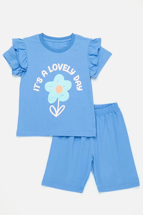 Graphic and slogan ruffle tee with shorts - blue/its a lovely day