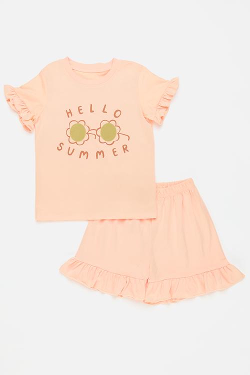 Graphic and slogan tee with frill hem shorts - peach/hello summer