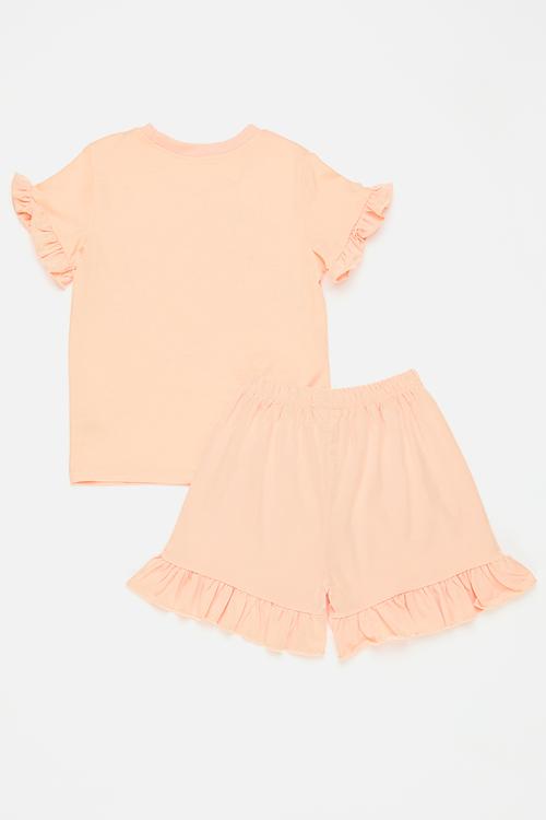 Graphic and slogan tee with frill hem shorts - peach/hello summer