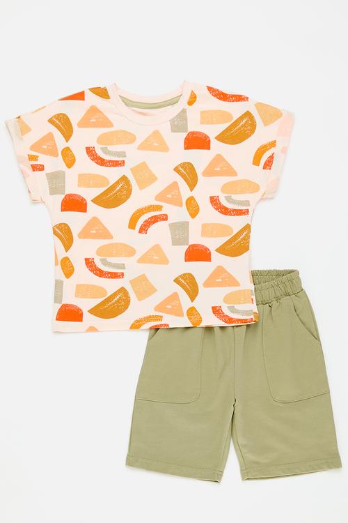Abstract print tee with shorts - neutral/army green