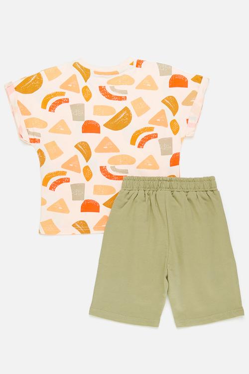 Abstract print tee with shorts - neutral/army green
