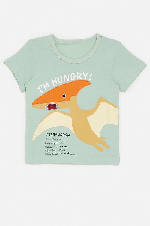 Dino graphic and slogan tee - sage green/i'm hungry!