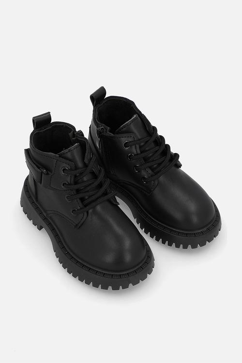 Lace-up boots with mock strap - black
