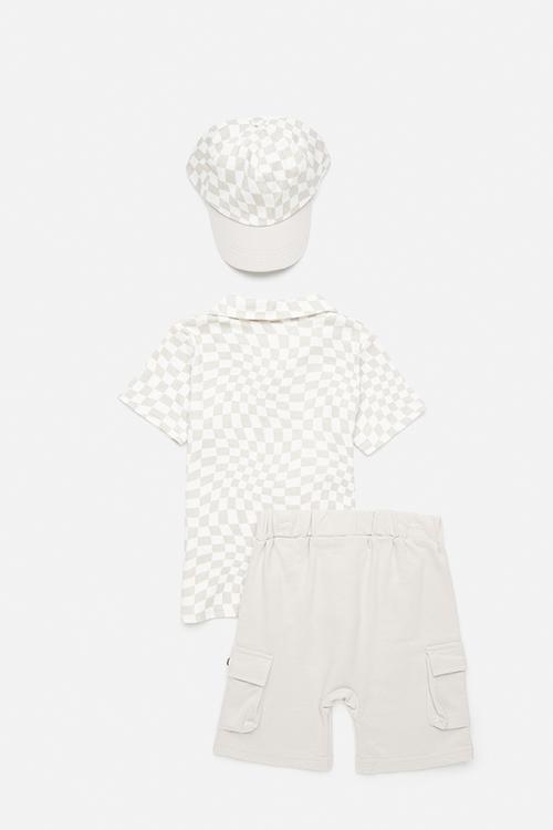 Shirt & short set with cap - light green check/beige