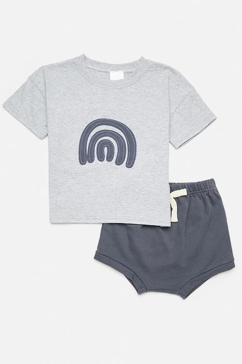 Tee & shorts set - grey/navy/rainbow