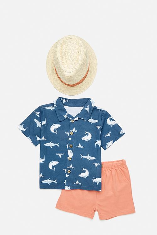Shirt & short set with panama hat - navy/sharks
