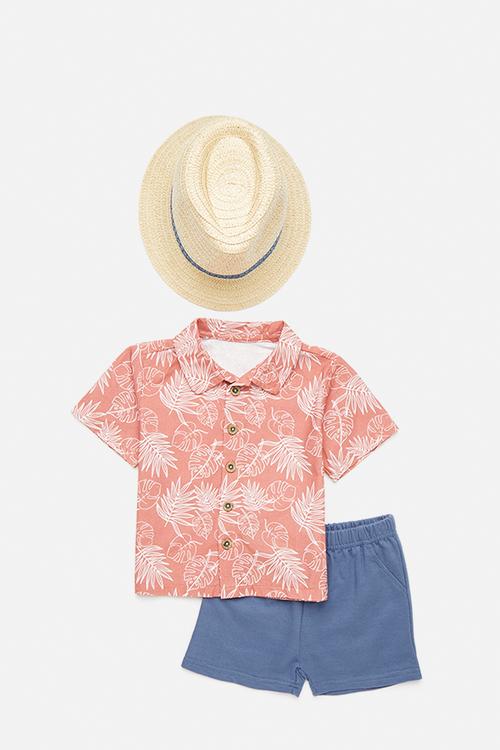 Shirt & short set with panama hat - rusted brown/leaf print