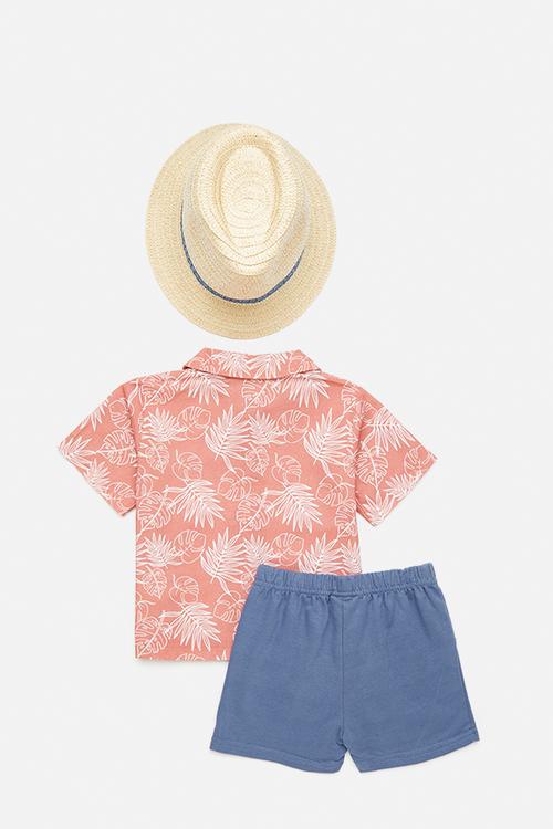 Shirt & short set with panama hat - rusted brown/leaf print