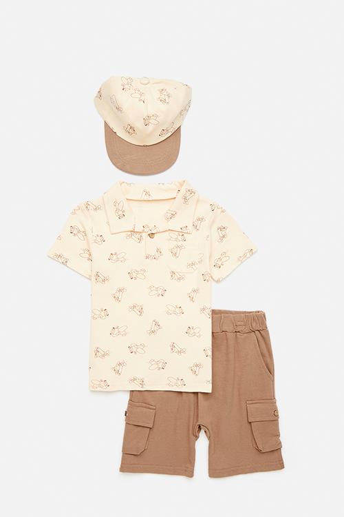 Shirt & short set with cap - beige/brown/multi
