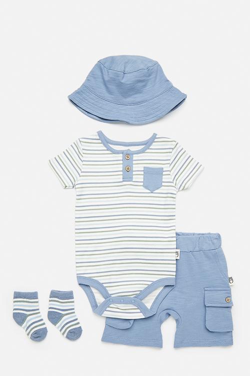 Short sleeve romper & short set wit bucket hat & socks - white/blue