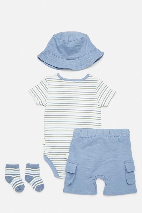 Short sleeve romper & short set wit bucket hat & socks - white/blue