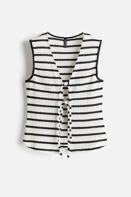 Knitted tie-front top - white/striped