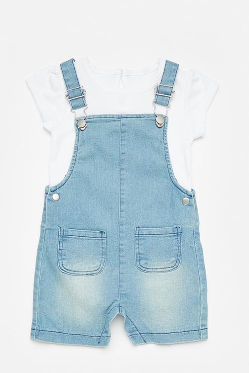 Short dungaree & top set - white/blue