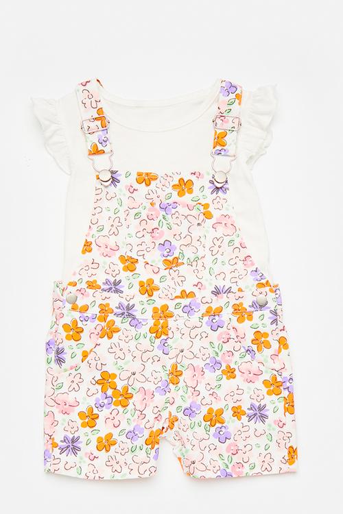 Printed short dungaree & top set - white/floral