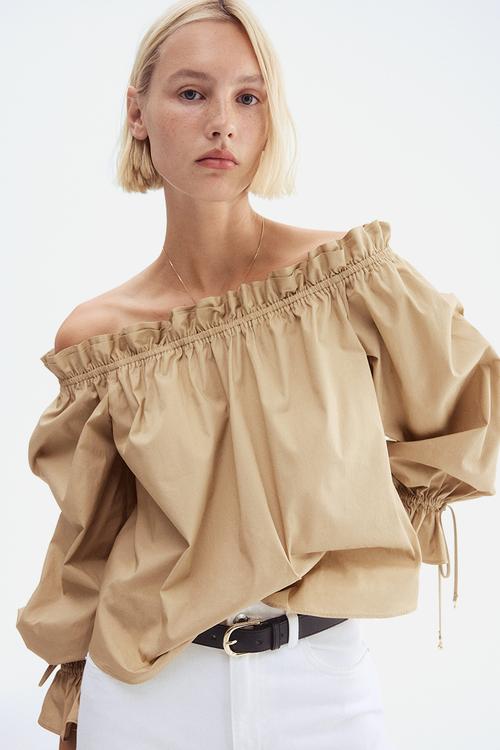 Off-the-shoulder poplin blouse - beige