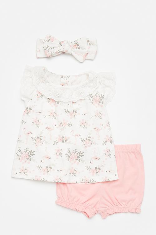 Apron dress & short set with bow headband - pink/floral